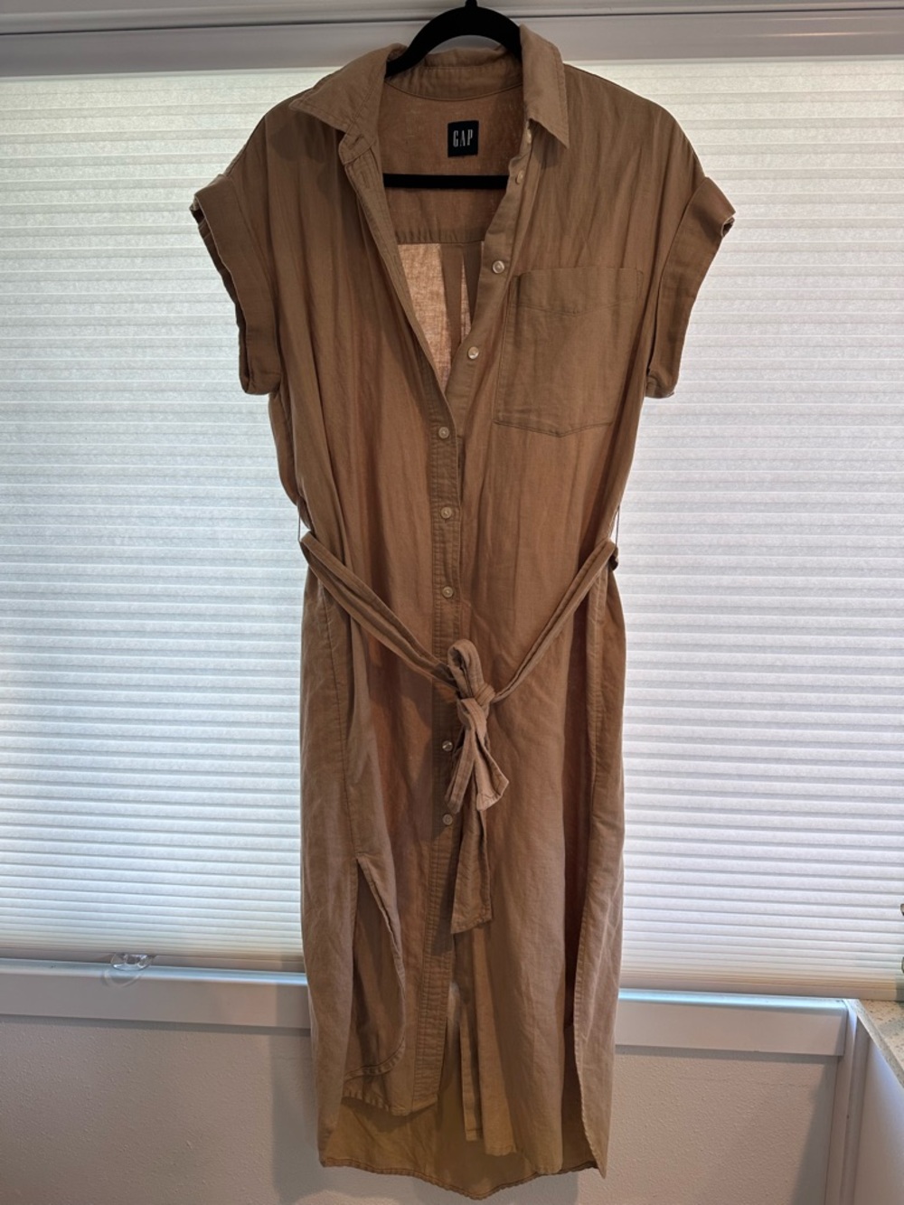GAP Tan Button-Front Shirt Dress with Self-Tie Waist